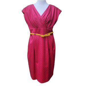 Jones New York Fuchsia Pink Sheath Dress Geo-Print Sheen V-Neck Yellow Belt